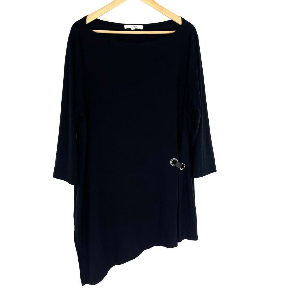 Sympli Tunic Top Size 18 Black Stretch 3/4 Sleeve Boat Neck Blouse Shirt Jersey